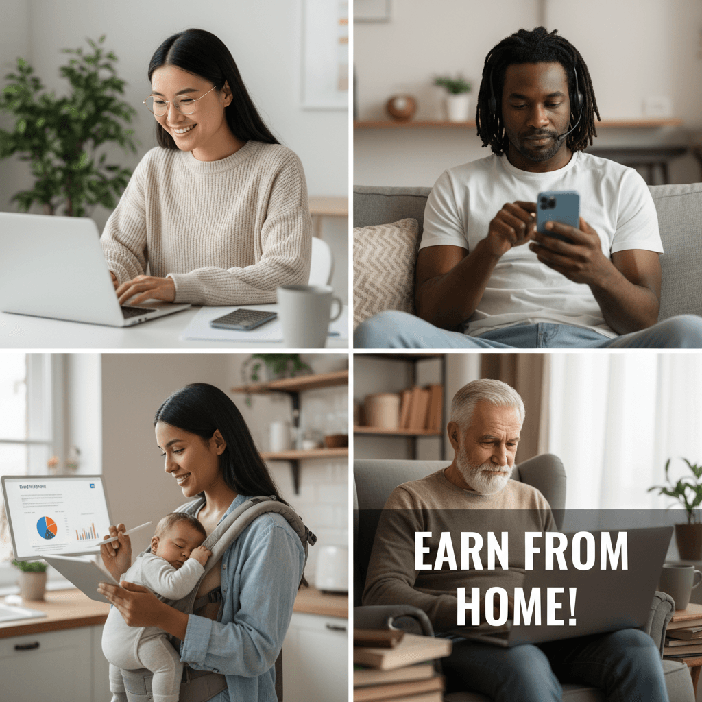 Diverse beginner users from different backgrounds earning money from home on laptops and phones