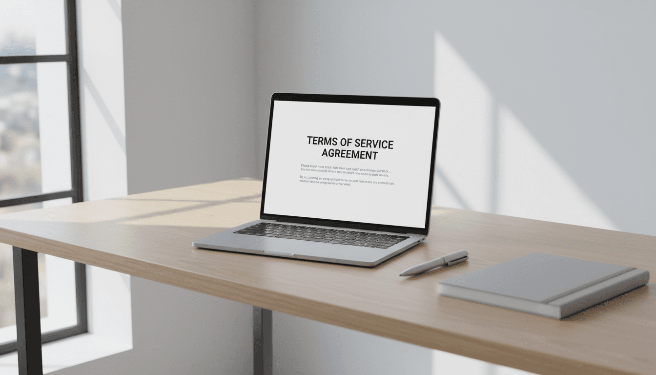 Professional workspace with laptop displaying terms document