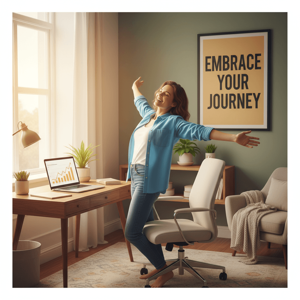 A bright, motivational lifestyle aesthetic wide shot of someone at their workspace with a visible smile, looking at their laptop screen with satisfaction.