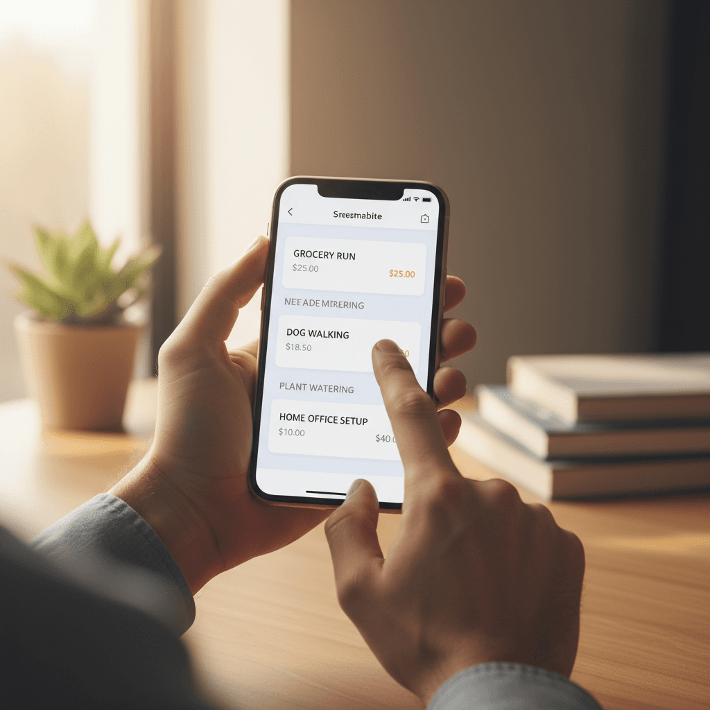 A fresh, direct aesthetic close-up shot of a hand pointing to specific task listings on a mobile phone screen.