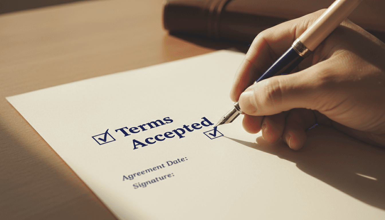 Hand marking acceptance checkbox on terms document