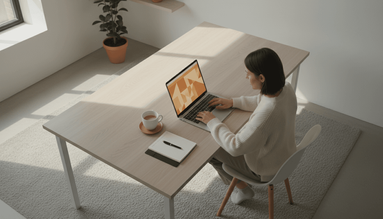 Person working at a laptop in a minimalist home office with natural light