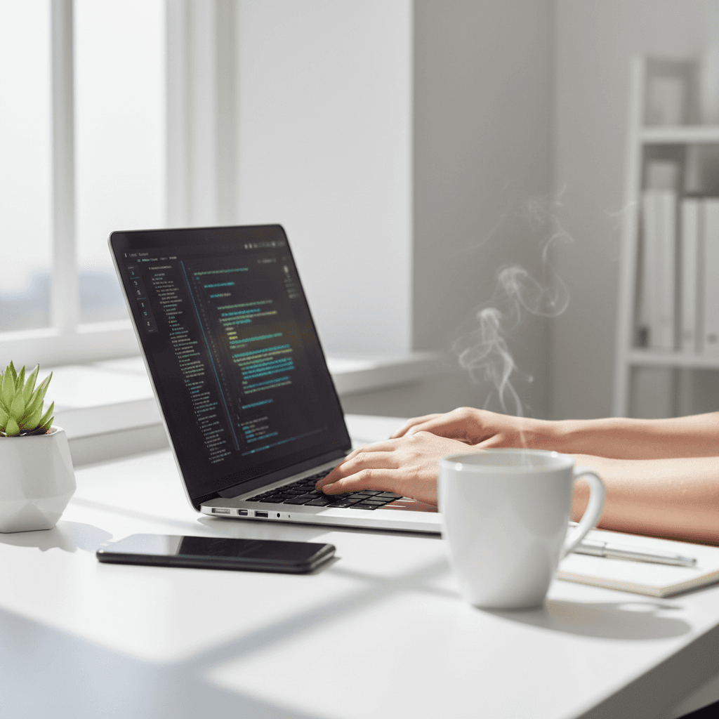Person working on laptop from home in a bright, clean workspace