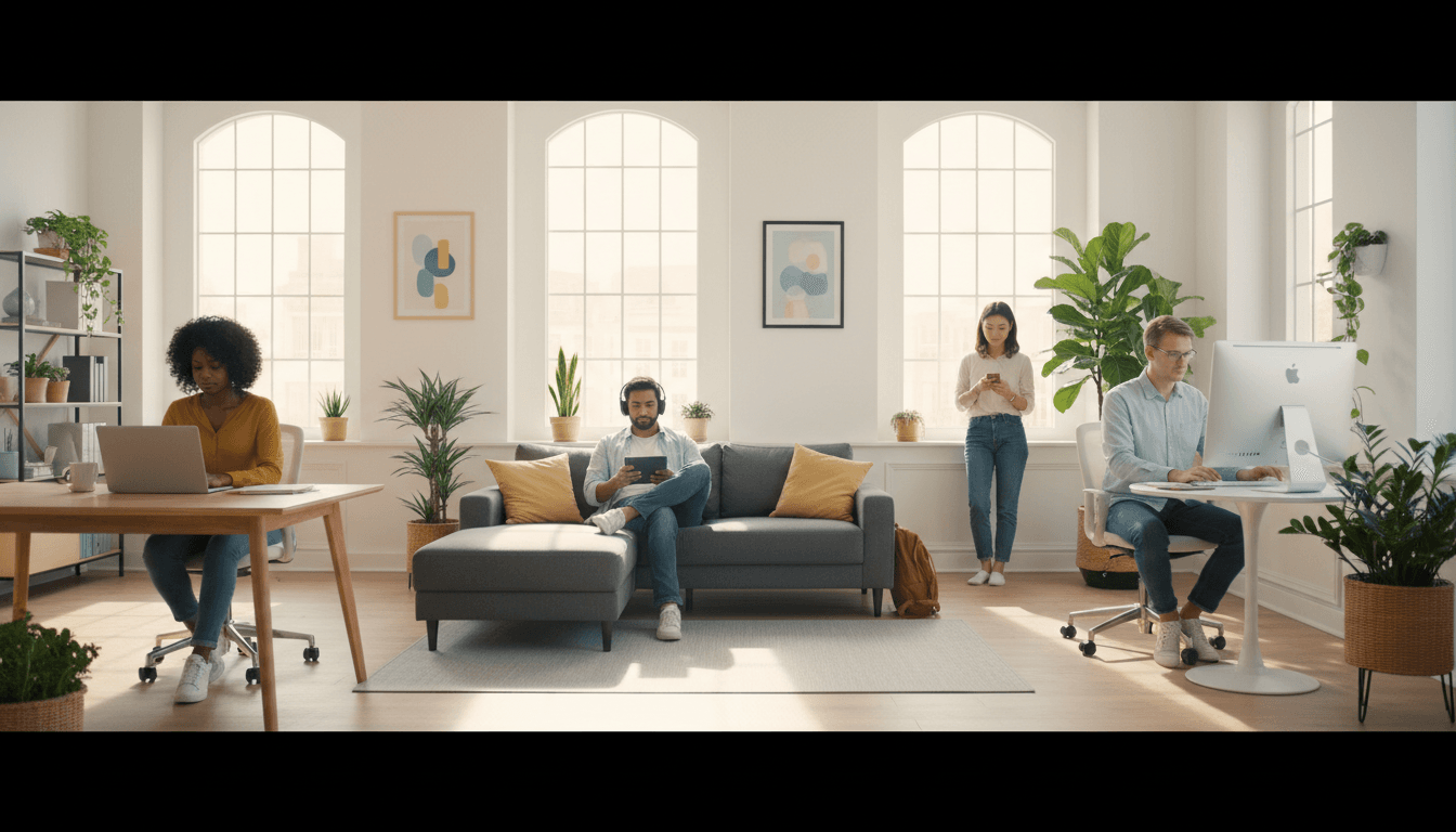 Four diverse people working on different devices in a bright, casual shared workspace with natural light