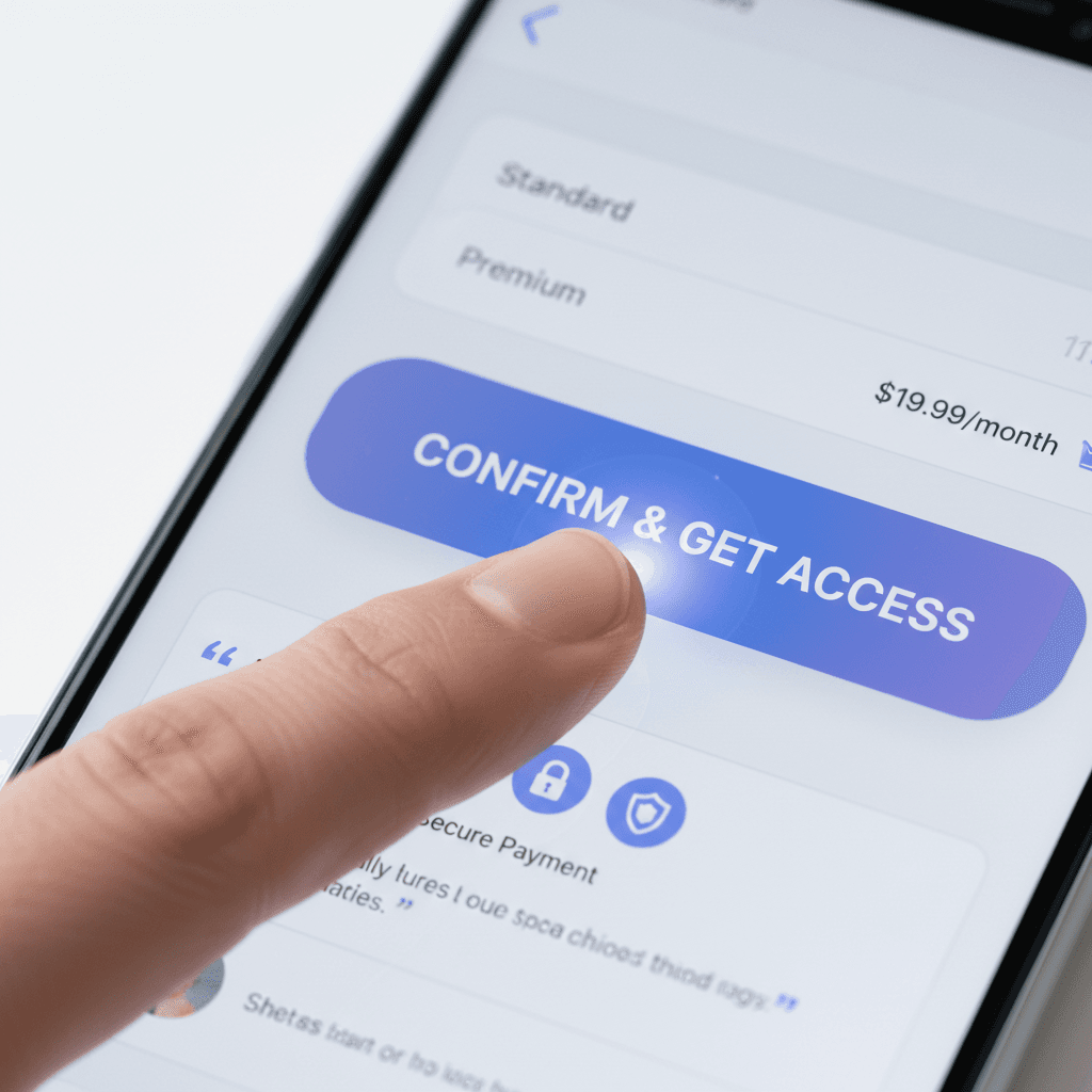 Close-up of user's finger tapping membership purchase confirmation button on smartphone screen