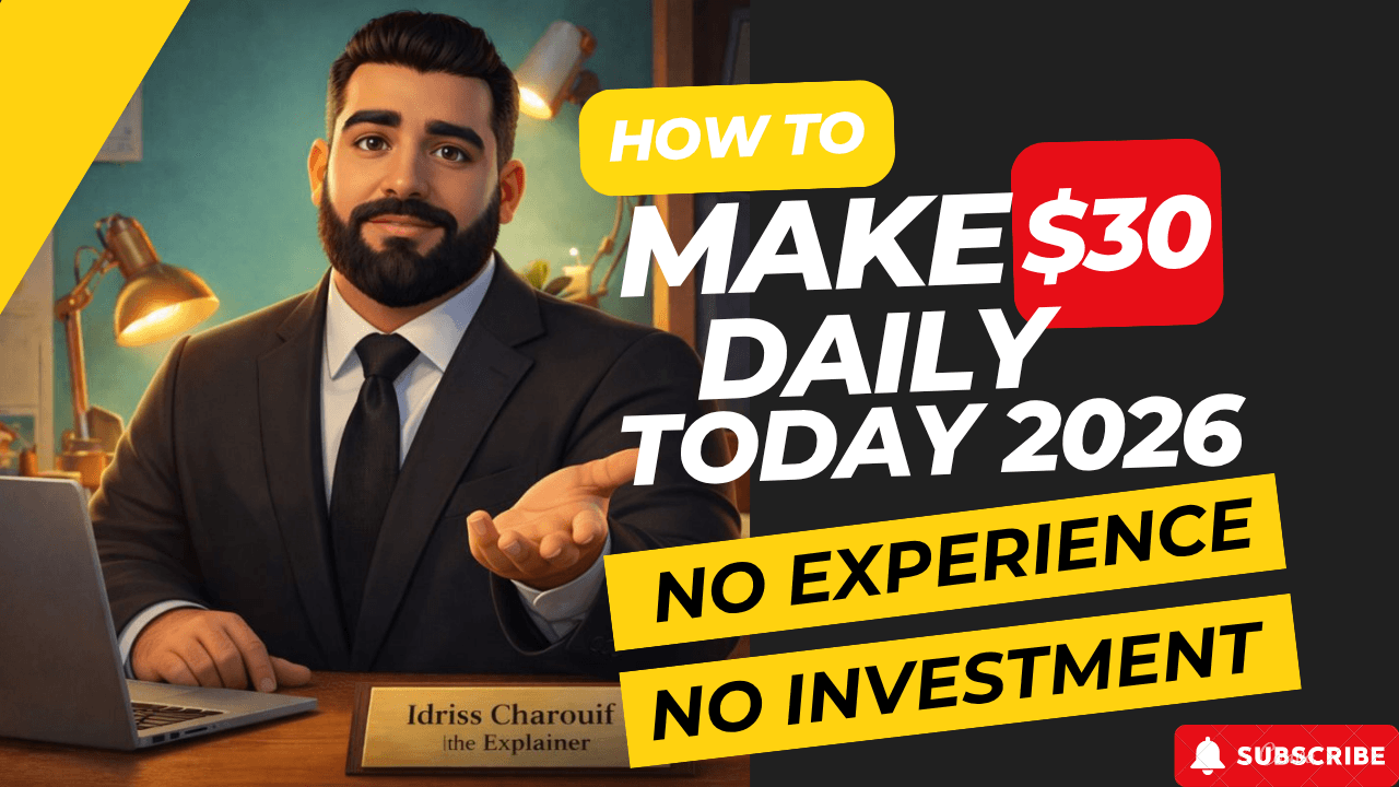 Man in suit at desk with text: How to make $30 daily today 2026.