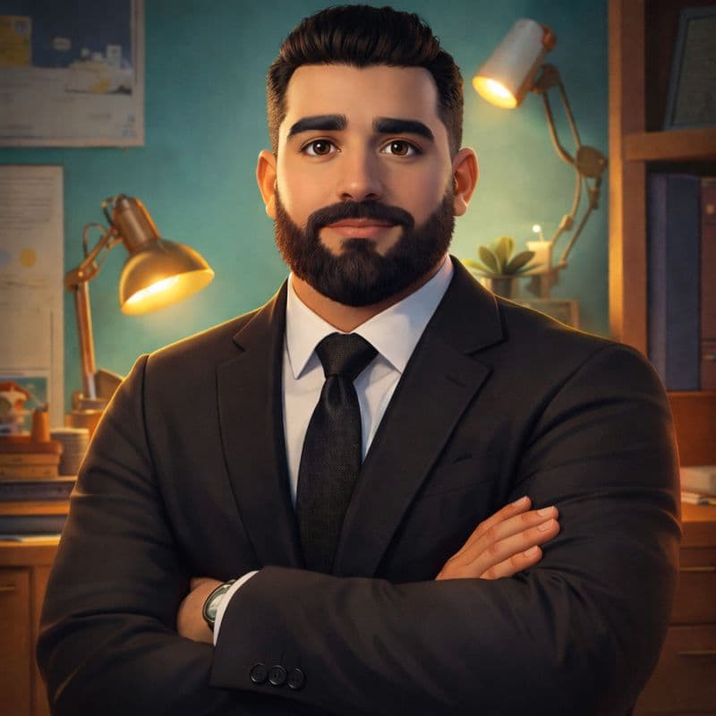 Bearded man in a black suit posing with arms crossed in a warmly lit office.